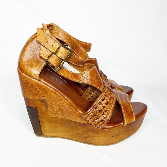Bed Stu Shoes - Bed Stu Womens Brown Leather Double Buckle Open Toe Ankle Strap Wedge Sandals 10